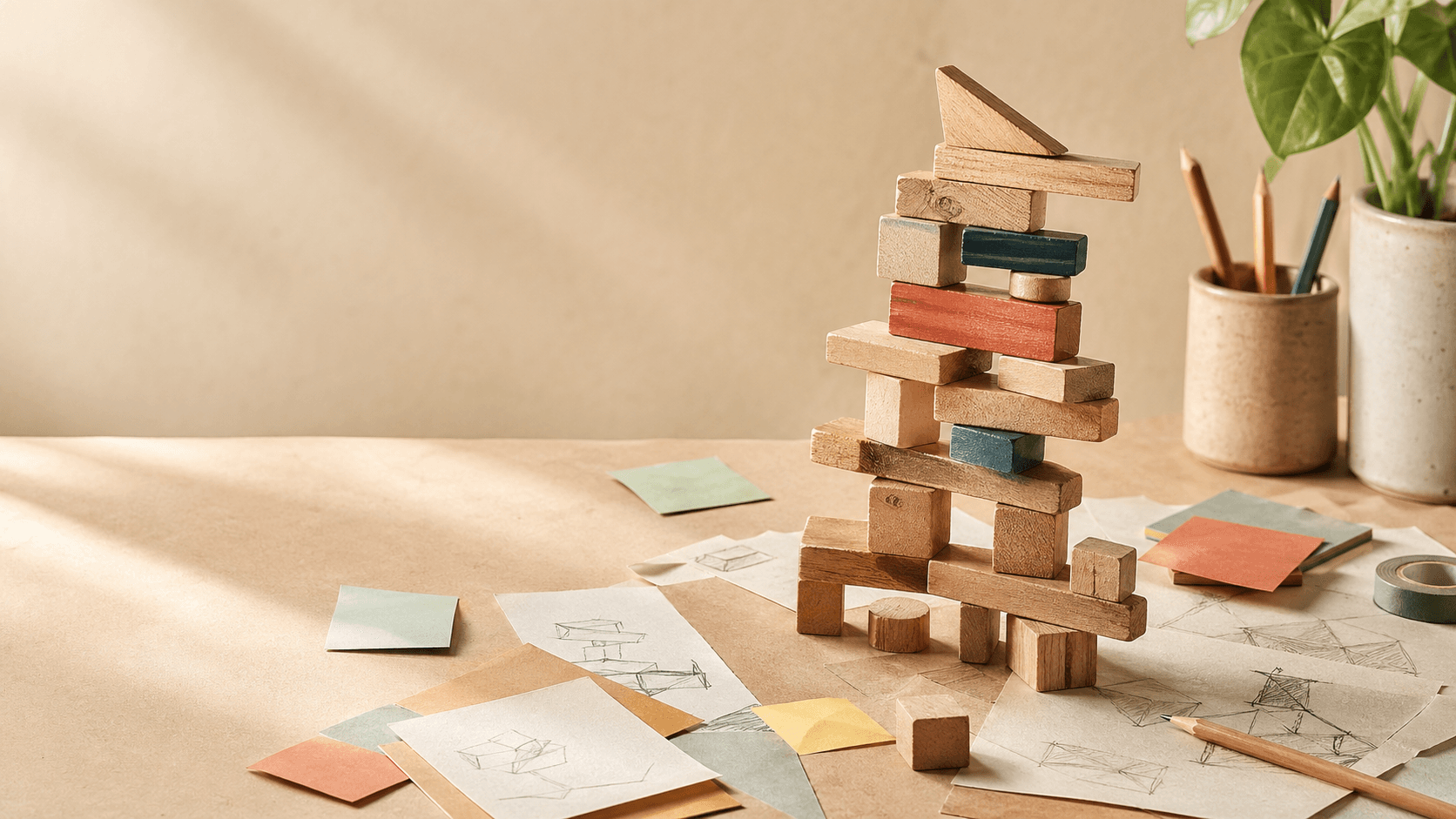 A warm creative workshop table with crooked wooden blocks and idea notes